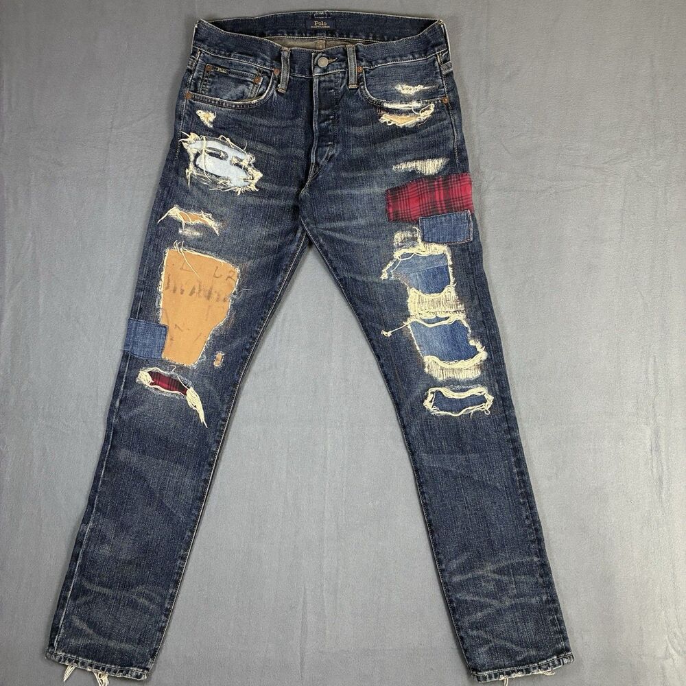 Polo Ralph Lauren Men's Sullivan Slim Patches Distressed Jeans W30 L30 Faded